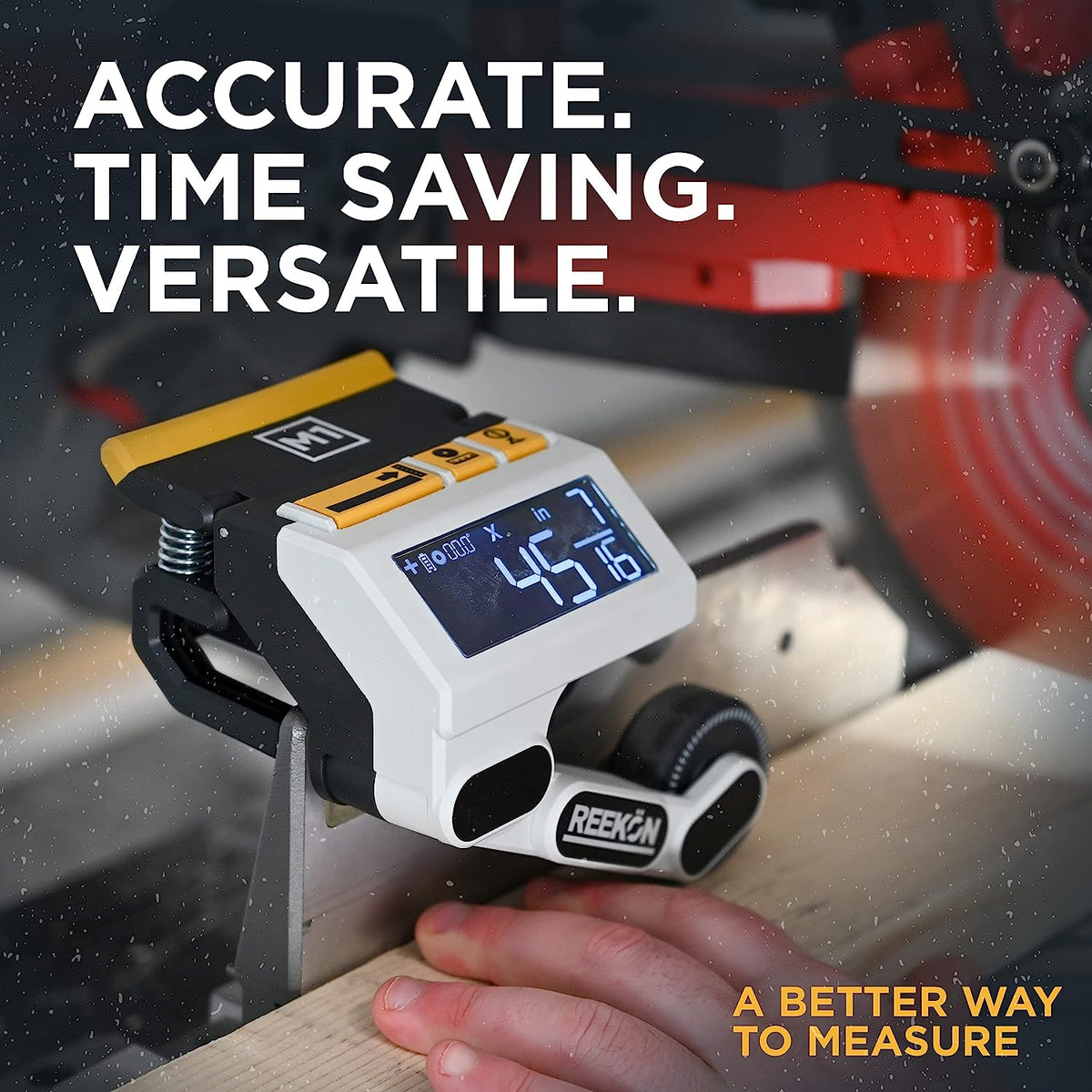 REEKON M1 Caliber digital miter saw measuring tool in use on a jobsite
