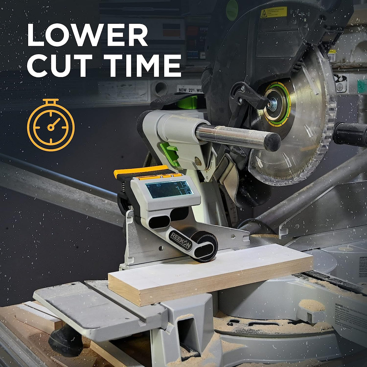 REEKON M1 Caliber digital miter saw measuring tool in use on a jobsite