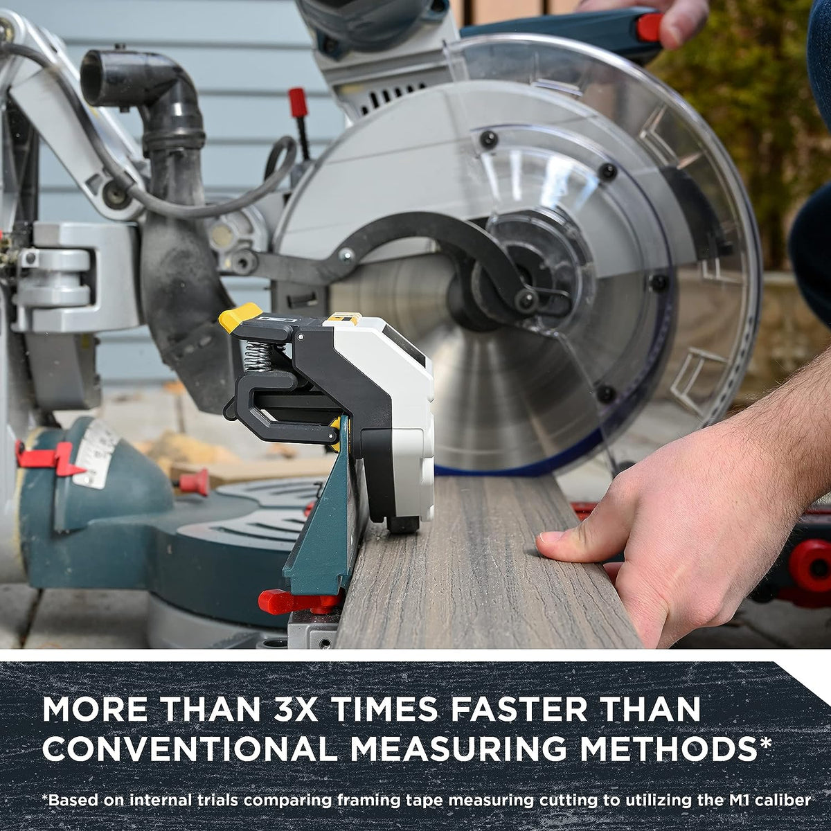REEKON M1 Caliber digital miter saw measuring tool in use on a jobsite