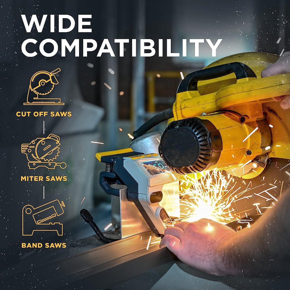 REEKON M1 Caliber digital miter saw measuring tool in use on a jobsite