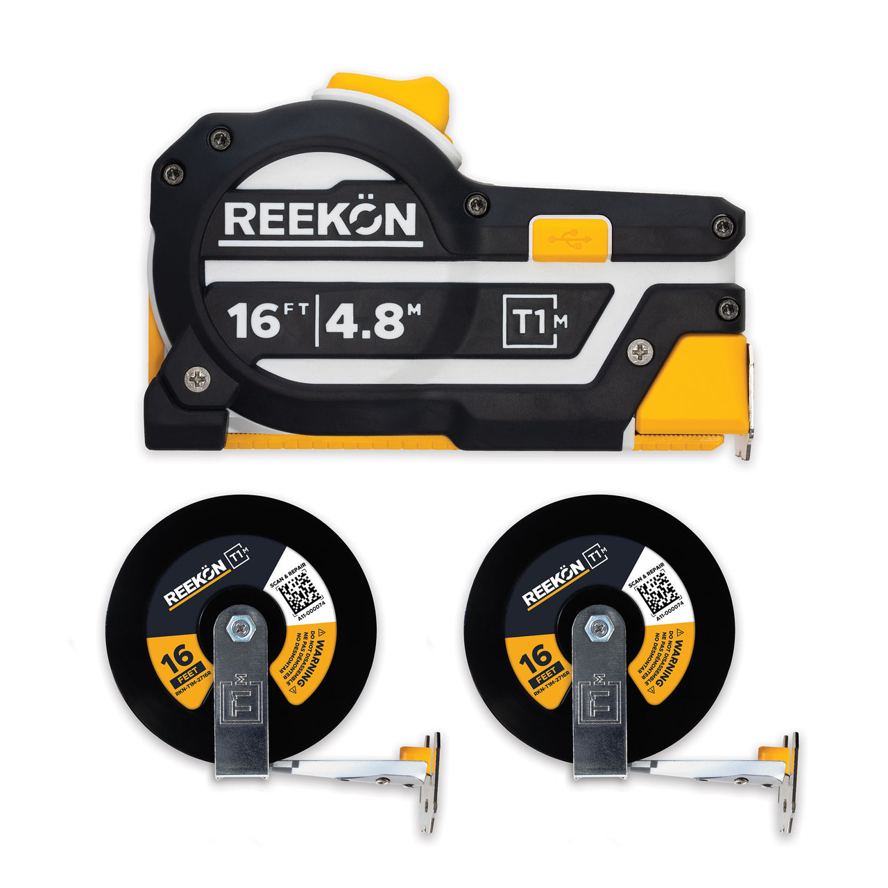REEKON T1M Utility 16 ft digital tape measure bundle with two replacement cartridges shown with its replaceable reel cartridge