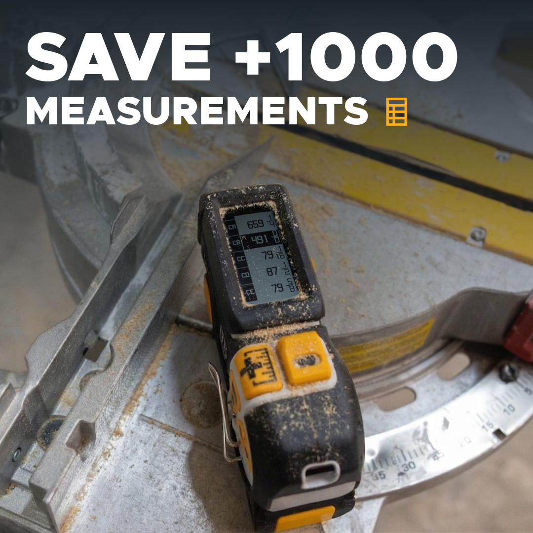 REEKON T1R Range laser tape measure showing a saved measurement list on the display
