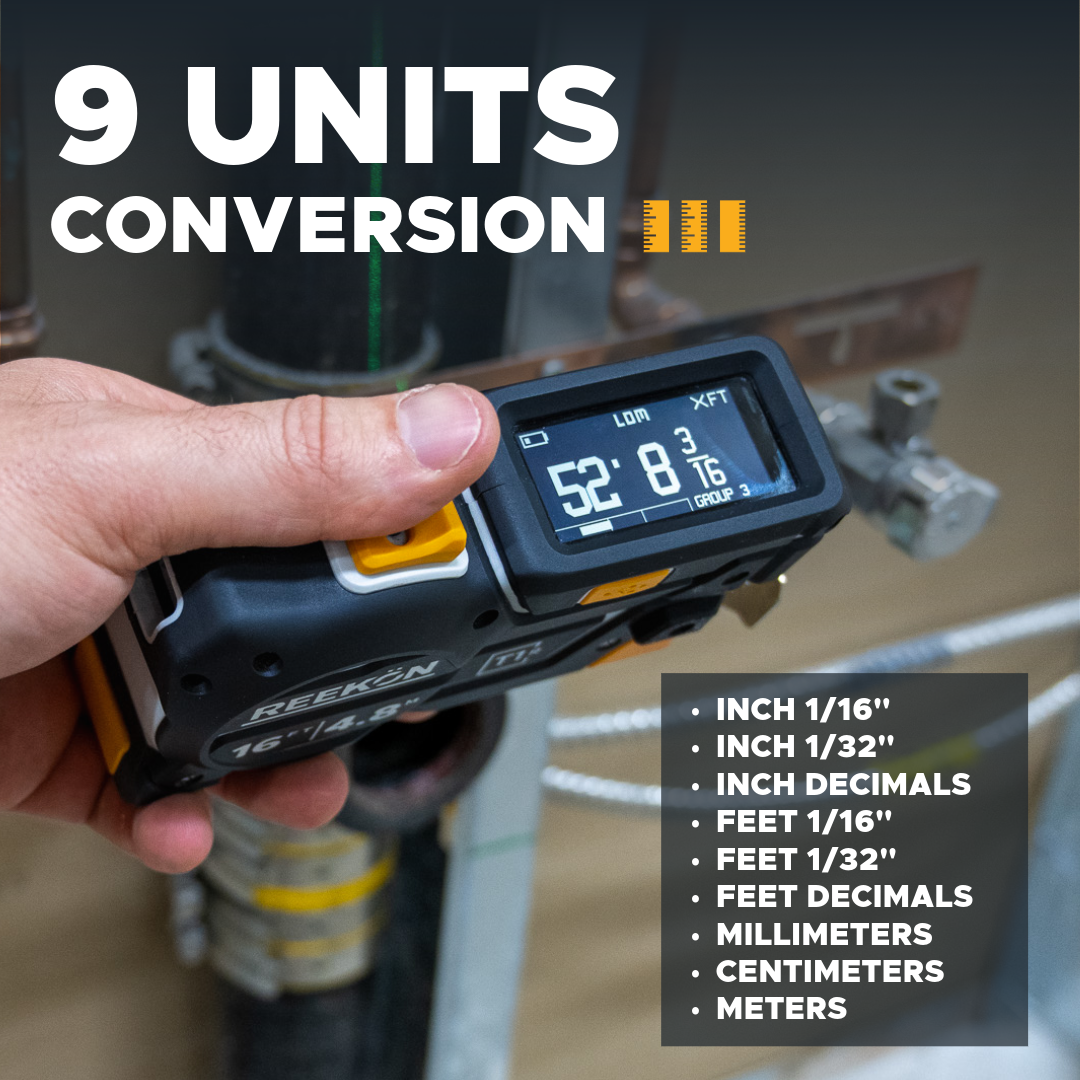 REEKON T1R Range laser tape measure showing imperial and metric unit options on the display