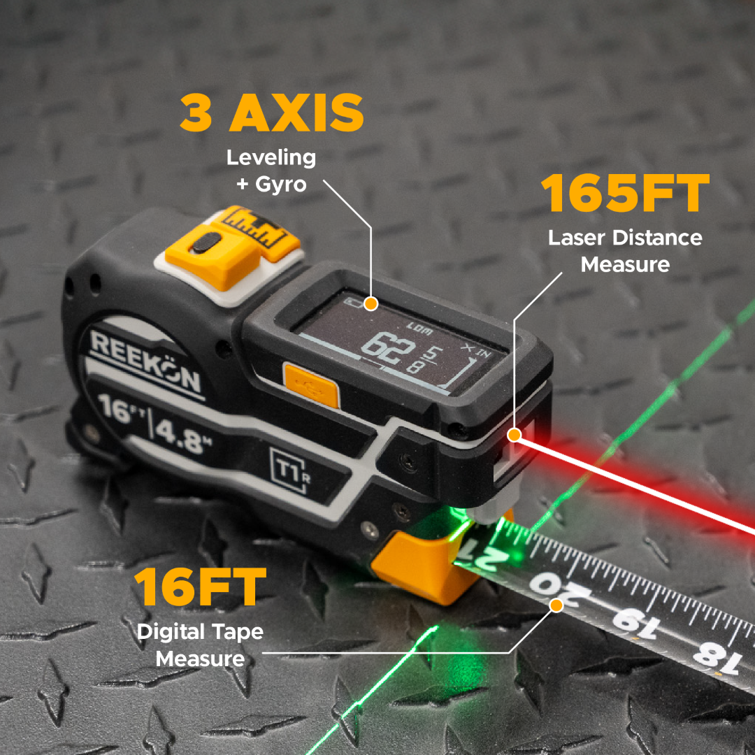 REEKON T1R Range laser tape measure held in hand to show its size