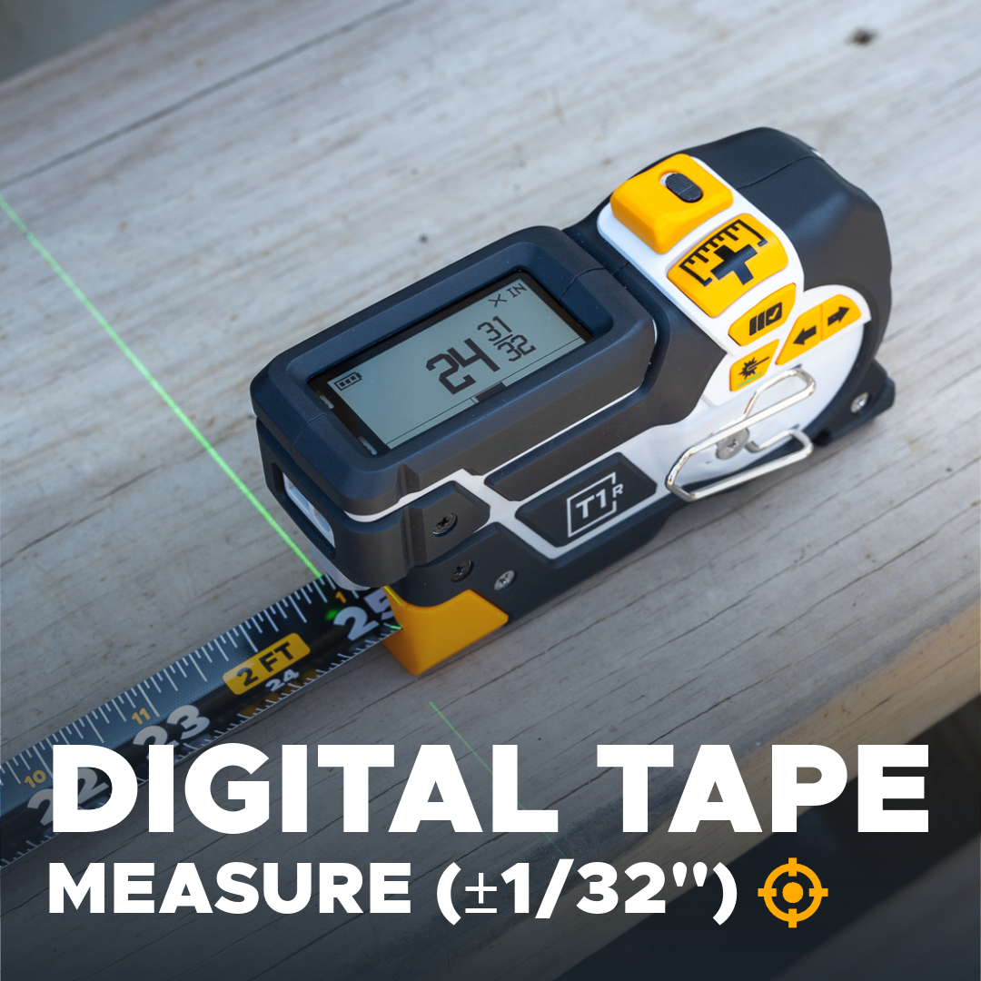 REEKON T1R Range laser tape measure with its digital tape blade extended and a reading on the LCD screen
