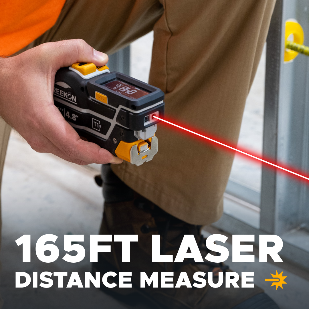 REEKON T1R Range laser tape measure taking a long-range laser distance measurement