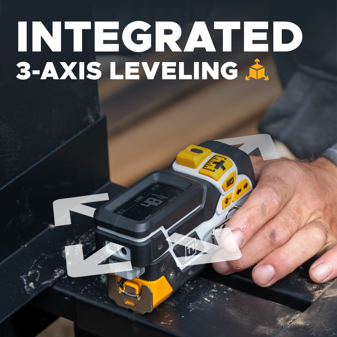 REEKON T1R Range laser tape measure showing its built-in digital level
