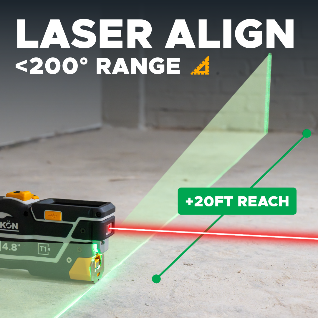 REEKON T1R Range laser tape measure projecting a green laser alignment line on a wall