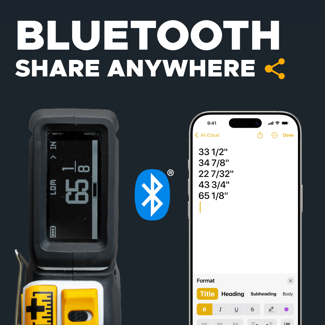 REEKON T1R Range laser tape measure sharing a measurement over Bluetooth to a phone