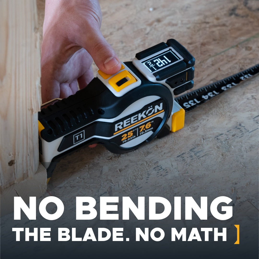 REEKON T1 Tomahawk digital tape measure in use on a jobsite